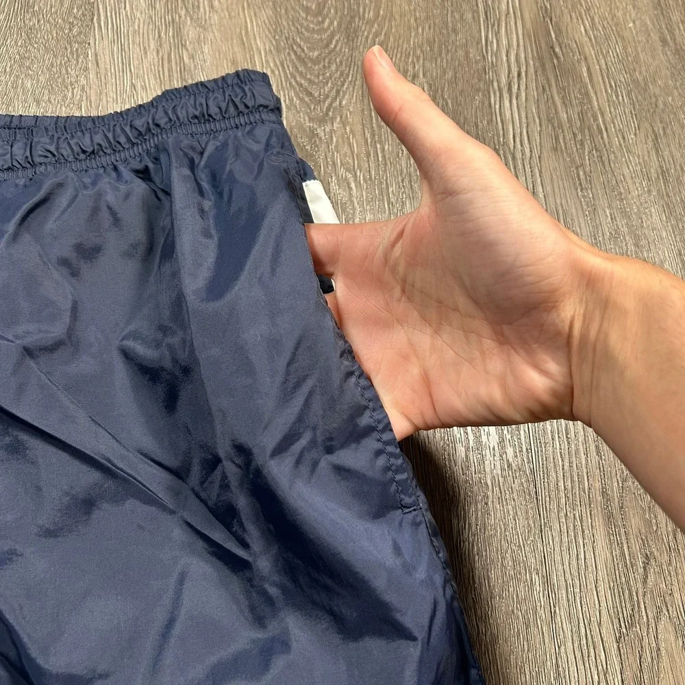 Nike Swim Trunks Shorts Large Navy Blue White Mesh Lined Block Logo Spellout